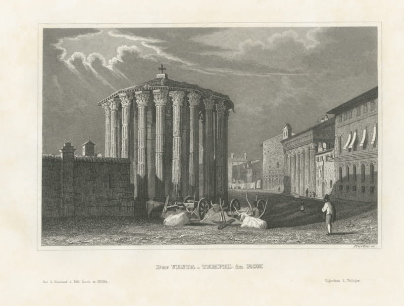 The Temple of Vesta in Rome, Antique View with an Ox Cart, circa 1850