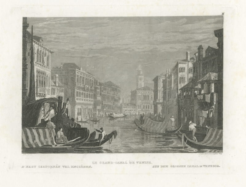 Grand Canal, Venice, Antique View with Gondolas, Trilingual Plate, circa 1850