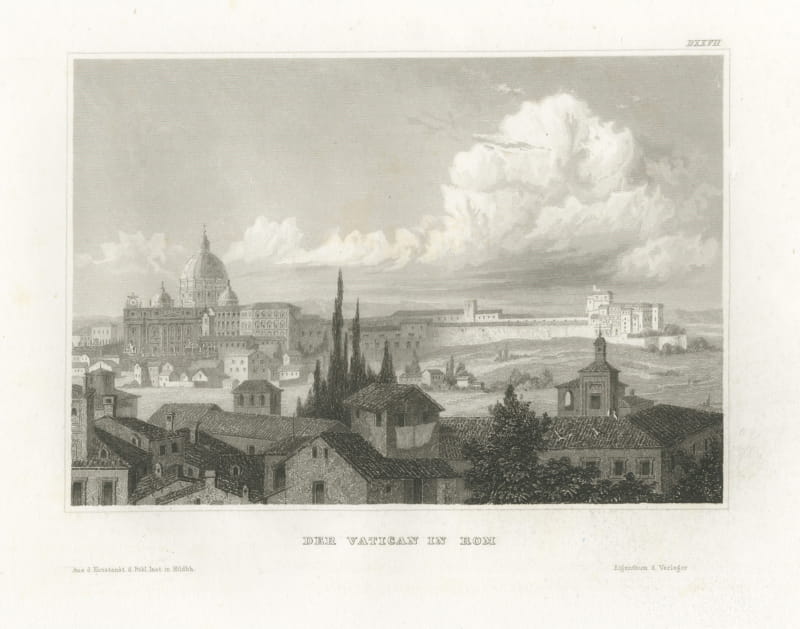 The Vatican in Rome, Antique Panoramic View over the Rooftops, circa 1850