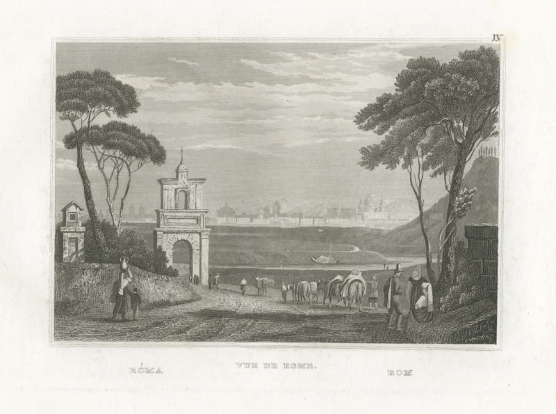 Antique Panoramic View of Rome with Stone Pines, Trilingual Plate, circa 1850