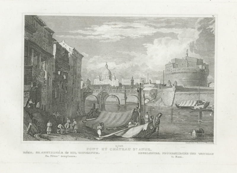 Castel Sant'Angelo and the Tiber, Rome, Antique View by Metzeroth, circa 1850