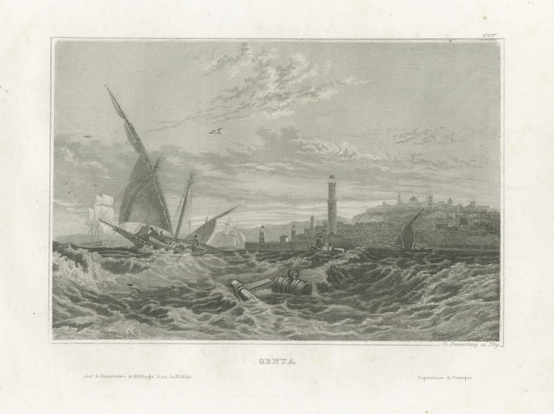 Genoa from the Sea, Antique Italian Harbor View in a Squall, circa 1850