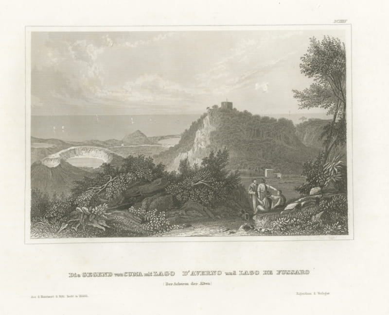 Cumae with Lake Avernus and Lake Fusaro, Antique Italian View, circa 1850