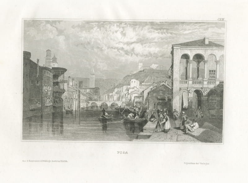 Pisa, Antique Italian River View with a Loggia Palace, circa 1850