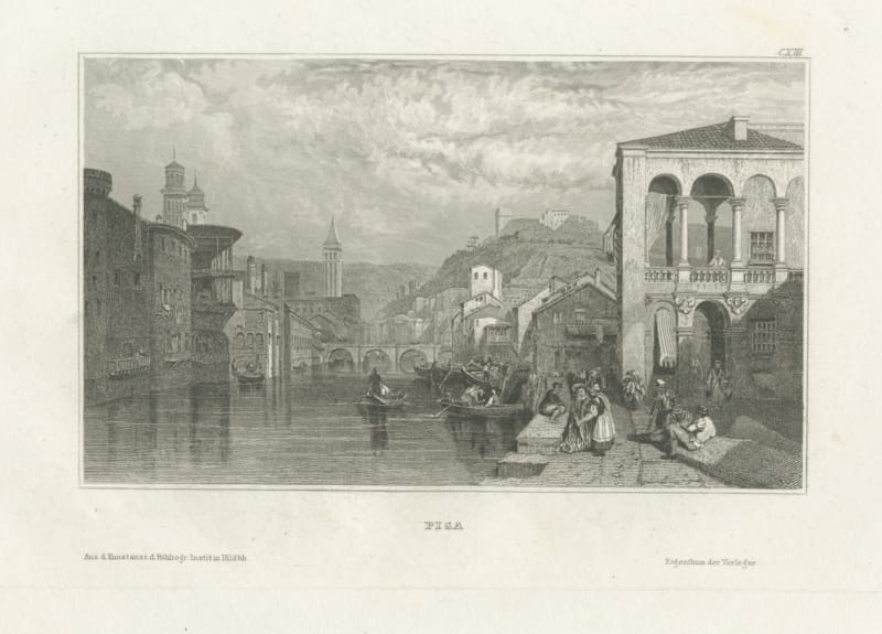 Antique View of Pisa with Boats on the River, Italian Engraving, circa 1850