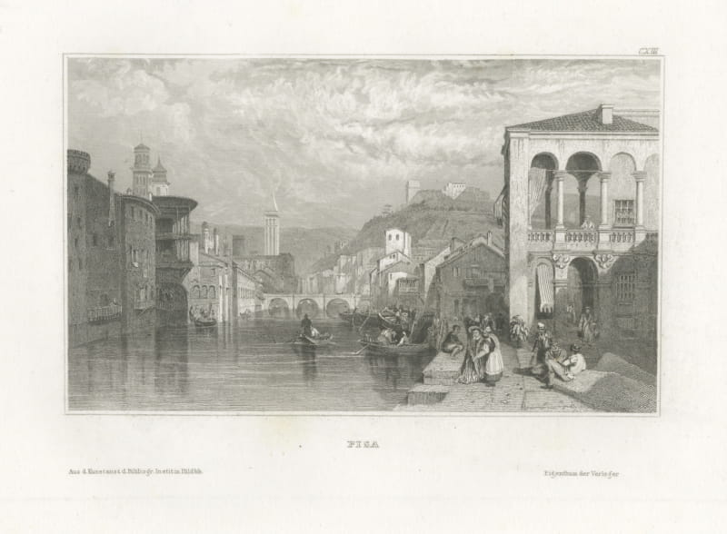 Pisa, Antique Italian Townscape on the River, Steel Engraving, circa 1850