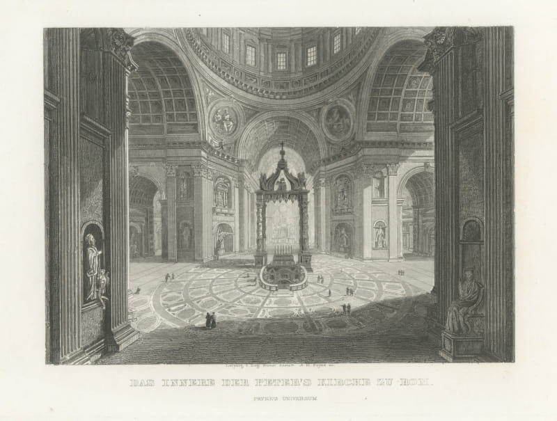 Interior of Saint Peter's, Rome, Antique View from Payne's Universum, circa 1850