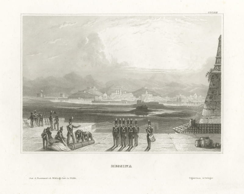 Messina in Sicily, Antique Harbor View with Soldiers, Engraving, circa 1850