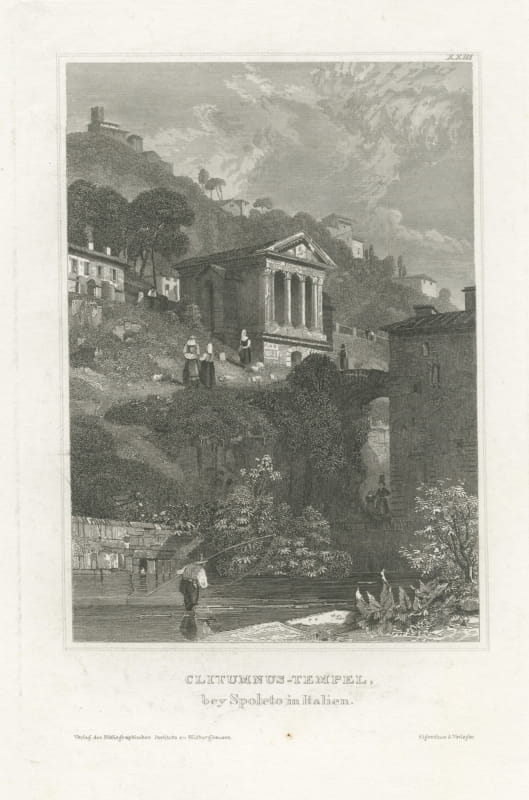 Antique View of the Temple of Clitumnus near Spoleto, Italy, circa 1850