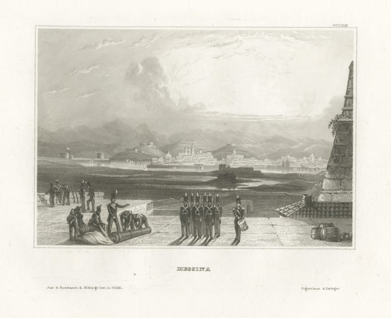 Antique View of Messina and the Strait, Sicily, Steel Engraving, circa 1850