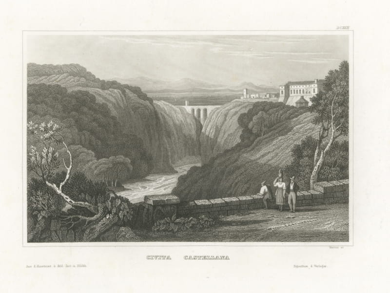 Civita Castellana, Antique Italian View of the Gorge and Bridge, circa 1850