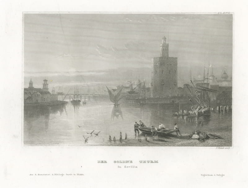 The Golden Tower, Seville, Antique View on the Guadalquivir, circa 1850