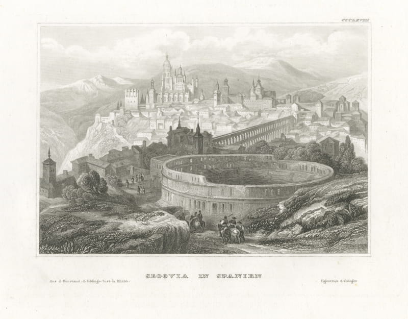 Segovia, Spain, Antique View with the Roman Aqueduct and Bullring, circa 1850