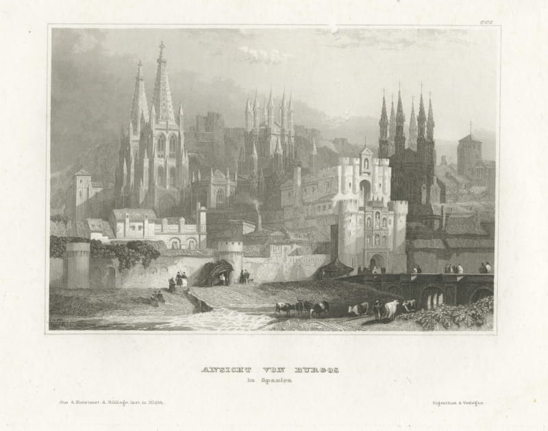 Burgos in Spain, Antique View of the Cathedral Spires, circa 1850