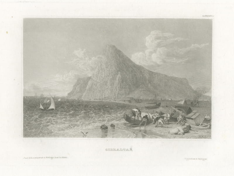 The Rock of Gibraltar, Antique View from the Shore with Boats, circa 1850