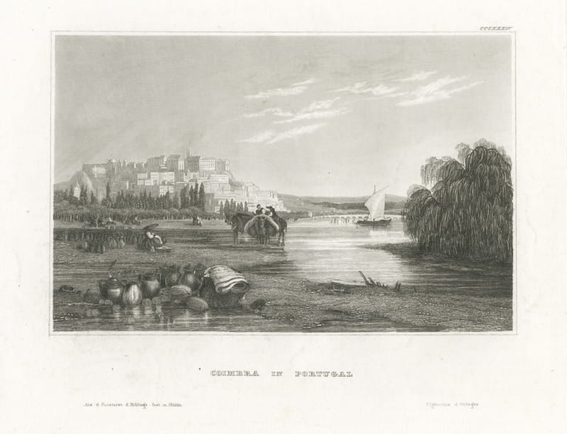 Coimbra in Portugal, Antique River View with the University Hill, circa 1850
