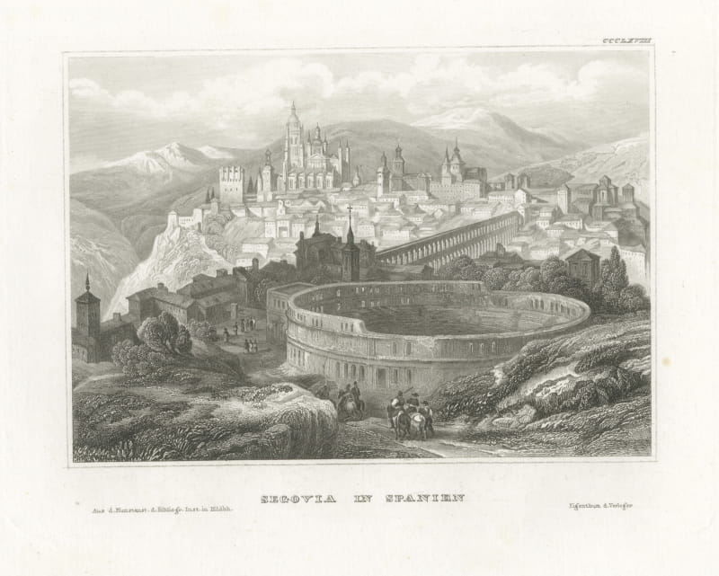 Antique Spanish View of Segovia with its Aqueduct, Engraving, circa 1850