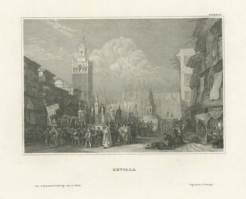 Seville, Antique View of a Procession before the Giralda, circa 1850