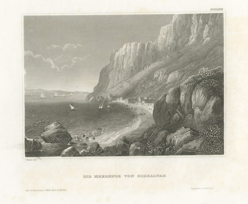The Strait of Gibraltar, Antique Coastal View with Shipping, circa 1850