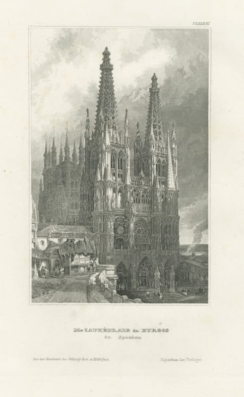 Antique Architectural View of Burgos Cathedral in Spain, circa 1850