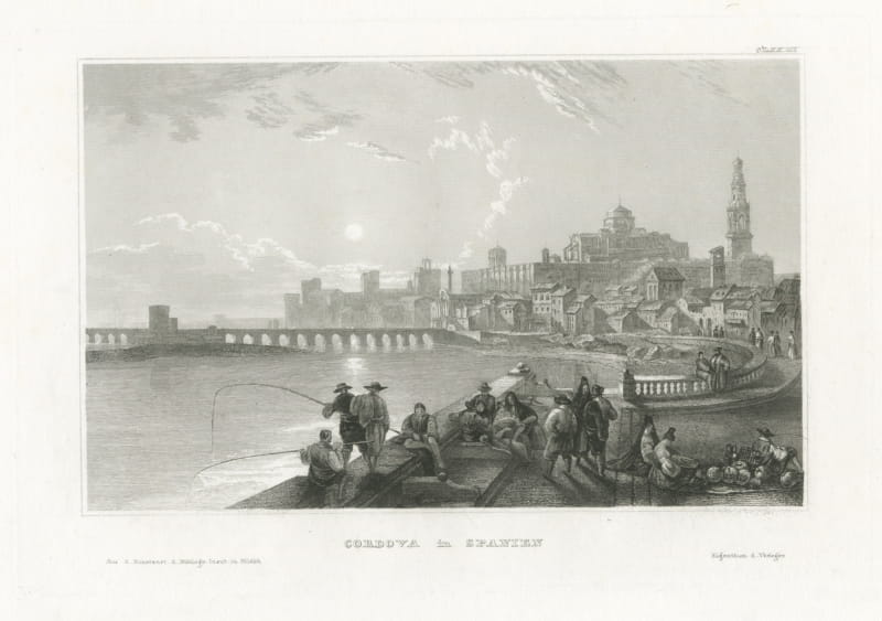 Cordoba in Spain, Antique Moonlit View of the Roman Bridge, circa 1850