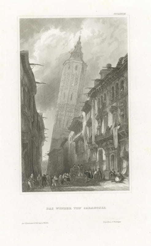 The Leaning Tower of Zaragoza, Antique Spanish Street View, circa 1850