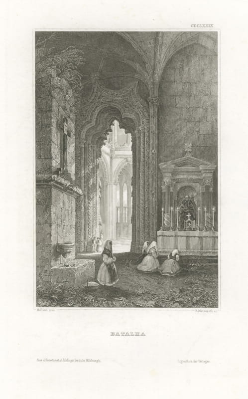 Antique Interior View of Batalha Monastery, Portugal, Engraving, circa 1850