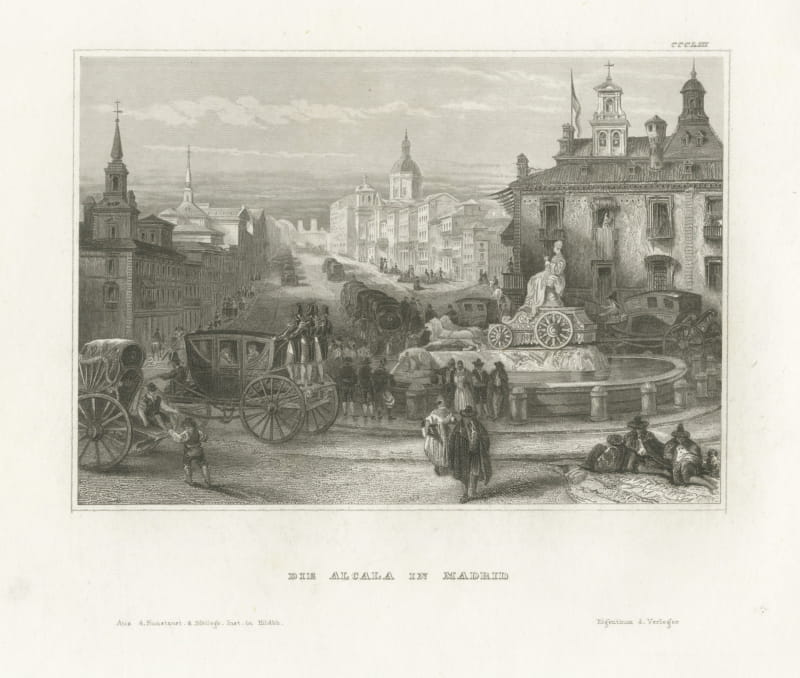 The Calle de Alcala, Madrid, Antique View with the Cibeles Fountain, circa 1850