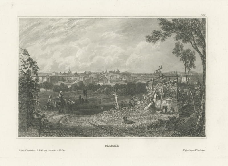 Antique Panoramic View of Madrid from the Gardens, Engraving, circa 1850