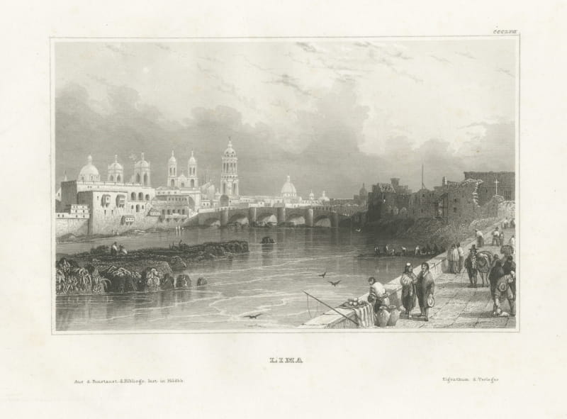 Lima, Peru, with the Stone Bridge over the Rimac, Steel Engraving, circa 1850