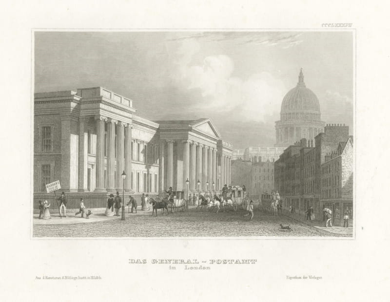 Antique Engraved View of the General Post Office, London, Meyer, circa 1850