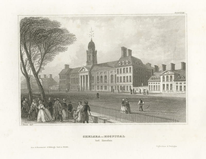 Chelsea Hospital, London, Antique Steel Engraving with Promenaders, circa 1850