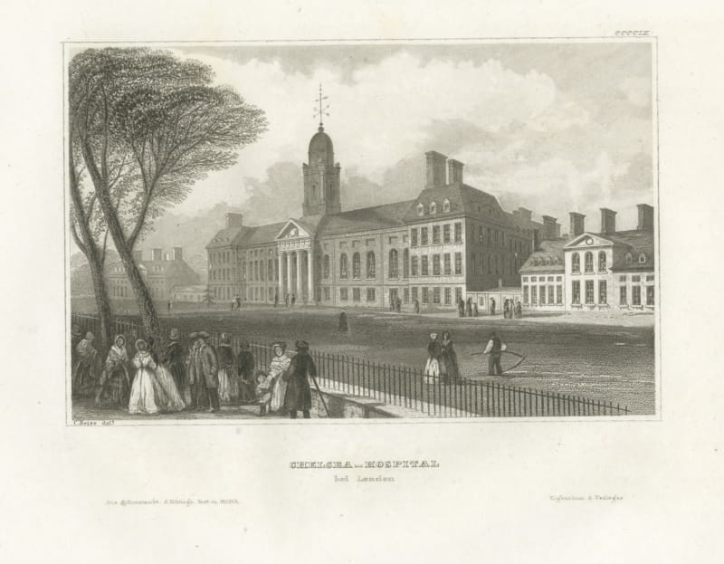 Antique View of the Royal Hospital Chelsea, London, Steel Engraving, circa 1850