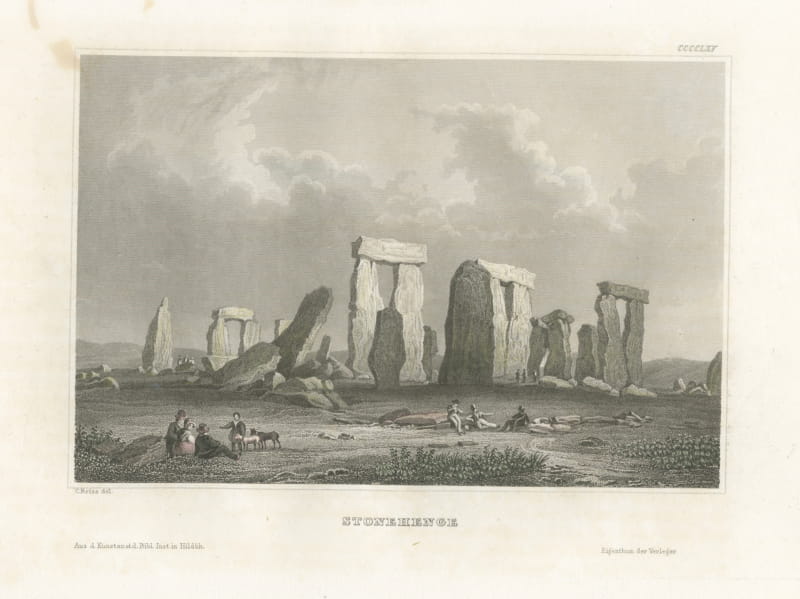 Stonehenge, Antique Steel Engraving with Resting Visitors, circa 1850