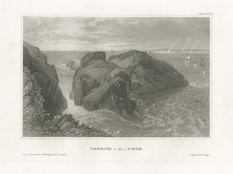 Antique Coastal View of Carrick-a-Rede, Northern Ireland, Engraving, circa 1850