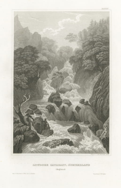 Lodore Cataract, Cumberland, Antique Waterfall View Engraved by Martini, 1848