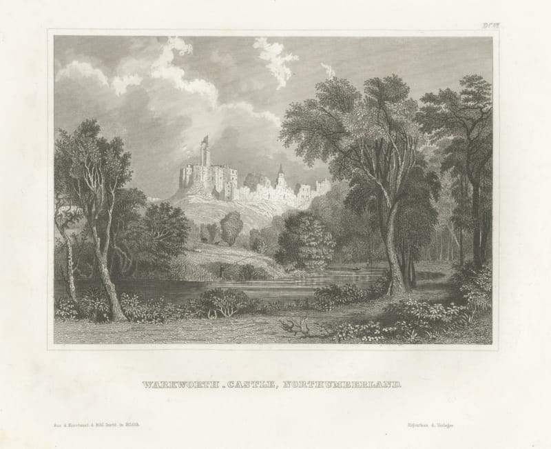 Warkworth Castle, Northumberland, Antique Romantic Ruin View, circa 1850
