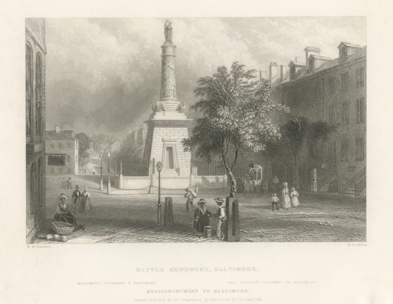 Battle Monument, Baltimore, after Bartlett, Antique Street View, 1842