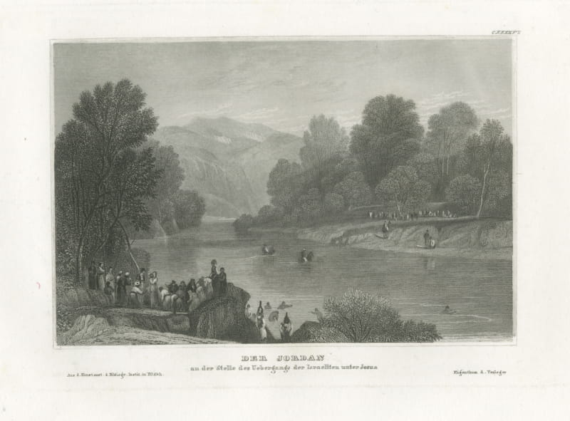 Antique View of the River Jordan, Pilgrims at the Ford, Engraving, circa 1850