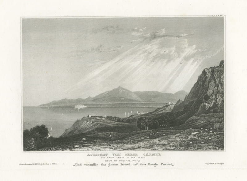View from Mount Carmel toward Acre, Antique Holy Land Engraving, circa 1850
