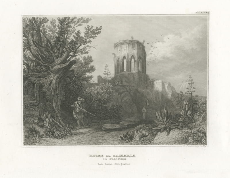 Ruins at Samaria, Palestine, Antique View with Hunter and Agaves, circa 1850
