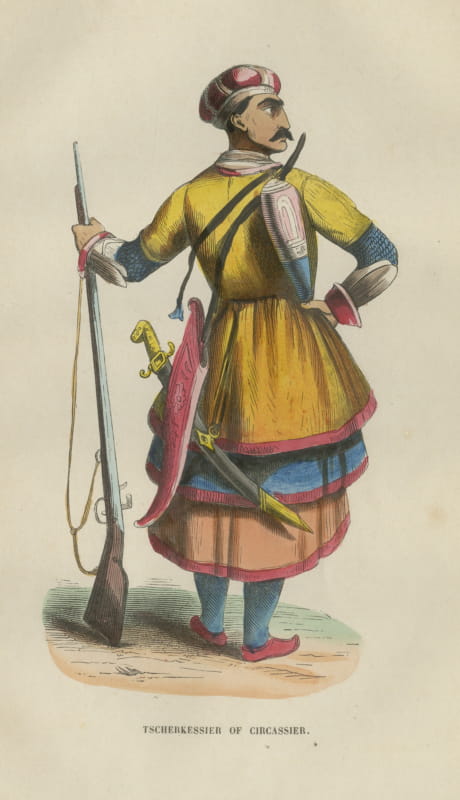 Circassian Warrior of the Caucasus, Antique Hand-Colored Costume Print, 1854