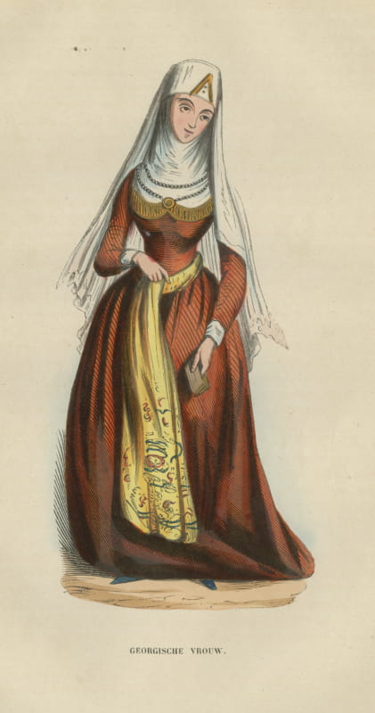 Georgian Woman in Traditional Dress, Antique Hand-Colored Print, 1854