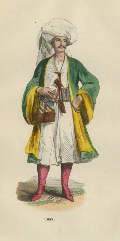 Uzbek Man of Central Asia, Antique Hand-Colored Ethnographic Print, 1854