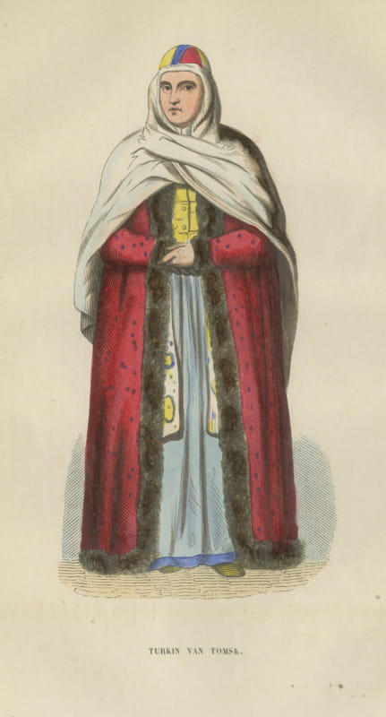 Turkic Woman of Tomsk, Siberia, Antique Hand-Colored Costume Print, 1854