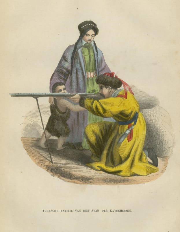 Siberian Family of the Kachintsy, Antique Hand-Colored Print, Berghaus, 1854