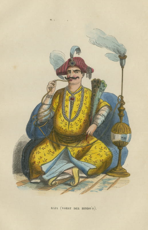 Indian Raja in State Dress, Antique Hand-Colored Costume Print, Berghaus, 1854