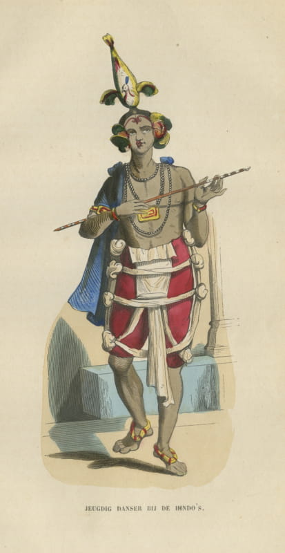 Young Indian Dancer, Antique Hand-Colored Costume Print, Berghaus, 1854