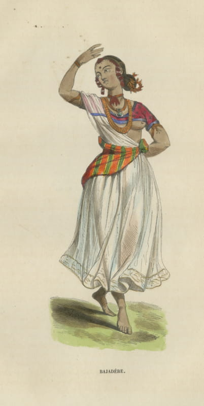 Bayadere, Indian Dancing Girl, Antique Hand-Colored Costume Print, 1854