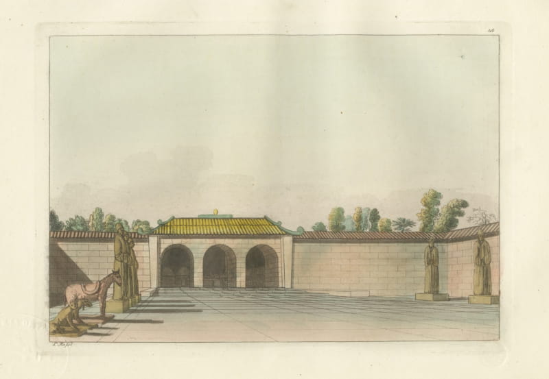 Antique Chinese Walled Enclosure and Triple Gateway Print, Ferrario, 1815